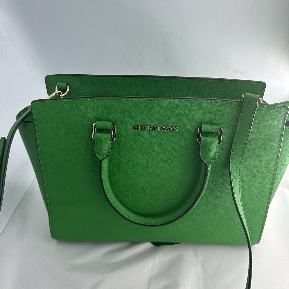 Michael Kors Selma Medium Satchel Crossbody Green Saffiano Leather Bag